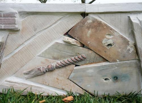 "UKR|RUS," 2024, reclaimed wood, concrete, glass, plaster, and ground marble, Asser Levy Park, Brooklyn, NY (detail)