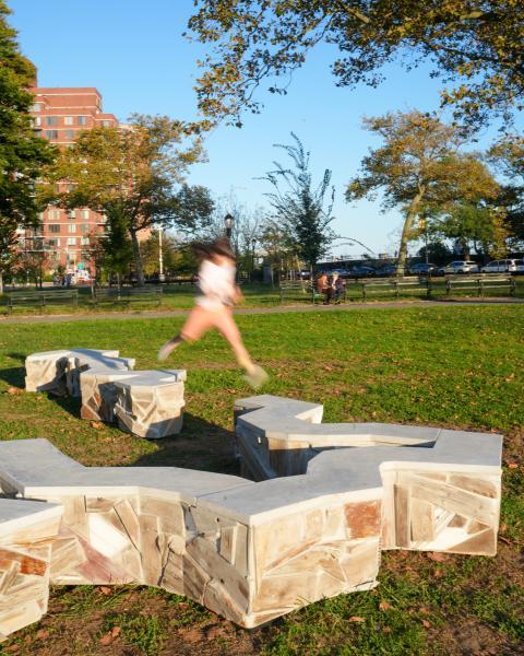 "UKR|RUS," 2024, reclaimed wood, concrete, glass, plaster, and ground marble, Asser Levy Park, Brooklyn, NY