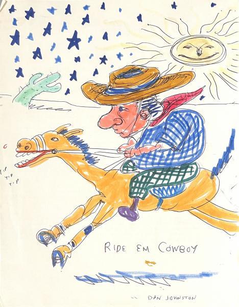 "Ride ‘Em Cowboy," 1972, Ink on Recycled Paper, 11 x 8.5 inches